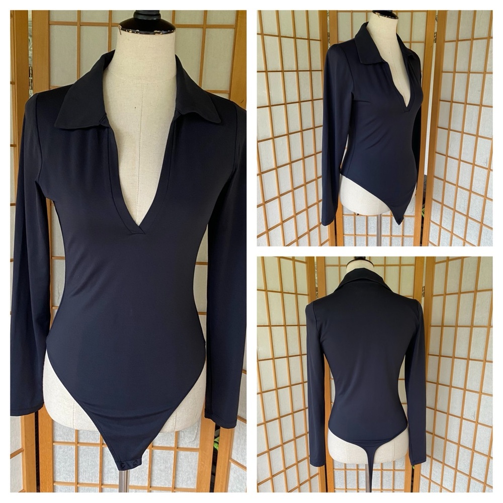Babaton Black Long Sleeve V Neck Bodysuit SZ L